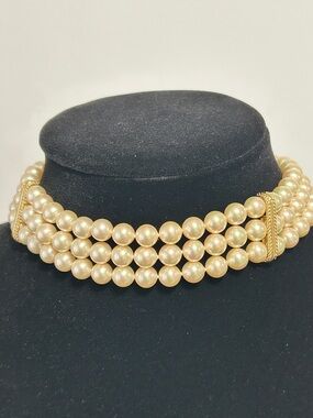 Classic Three-Strand Pearl Choker with Gold Accent - Ivory